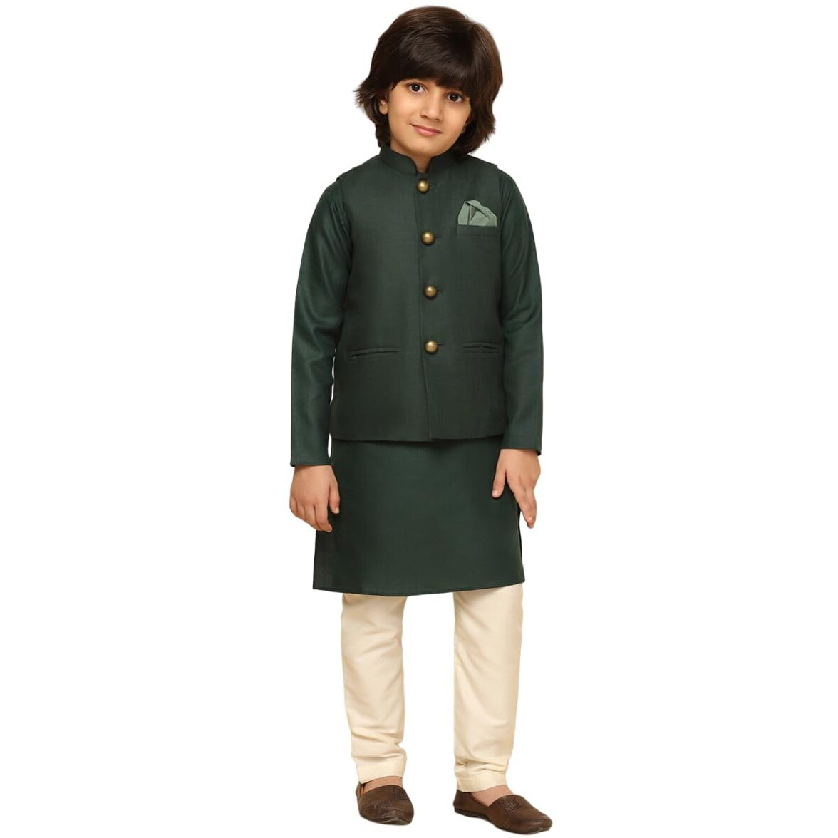 Kisah Boy's Cotton Blend Regular Fit Solid Green Kurta Jacket Pyjama Set (5-6Y)