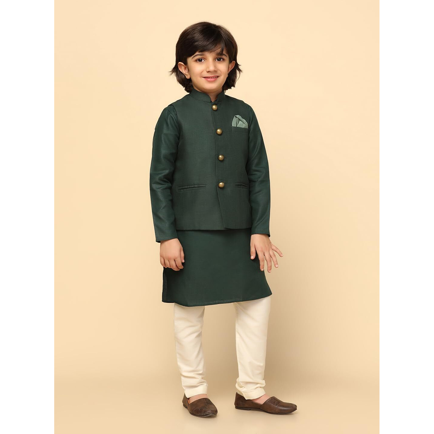 Kisah Boy's Cotton Blend Regular Fit Solid Green Kurta Jacket Pyjama Set (5-6Y)