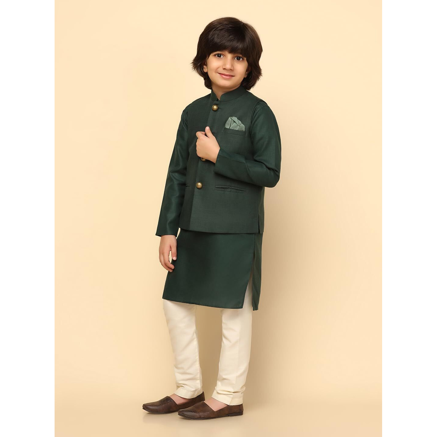Kisah Boy's Cotton Blend Regular Fit Solid Green Kurta Jacket Pyjama Set (5-6Y)