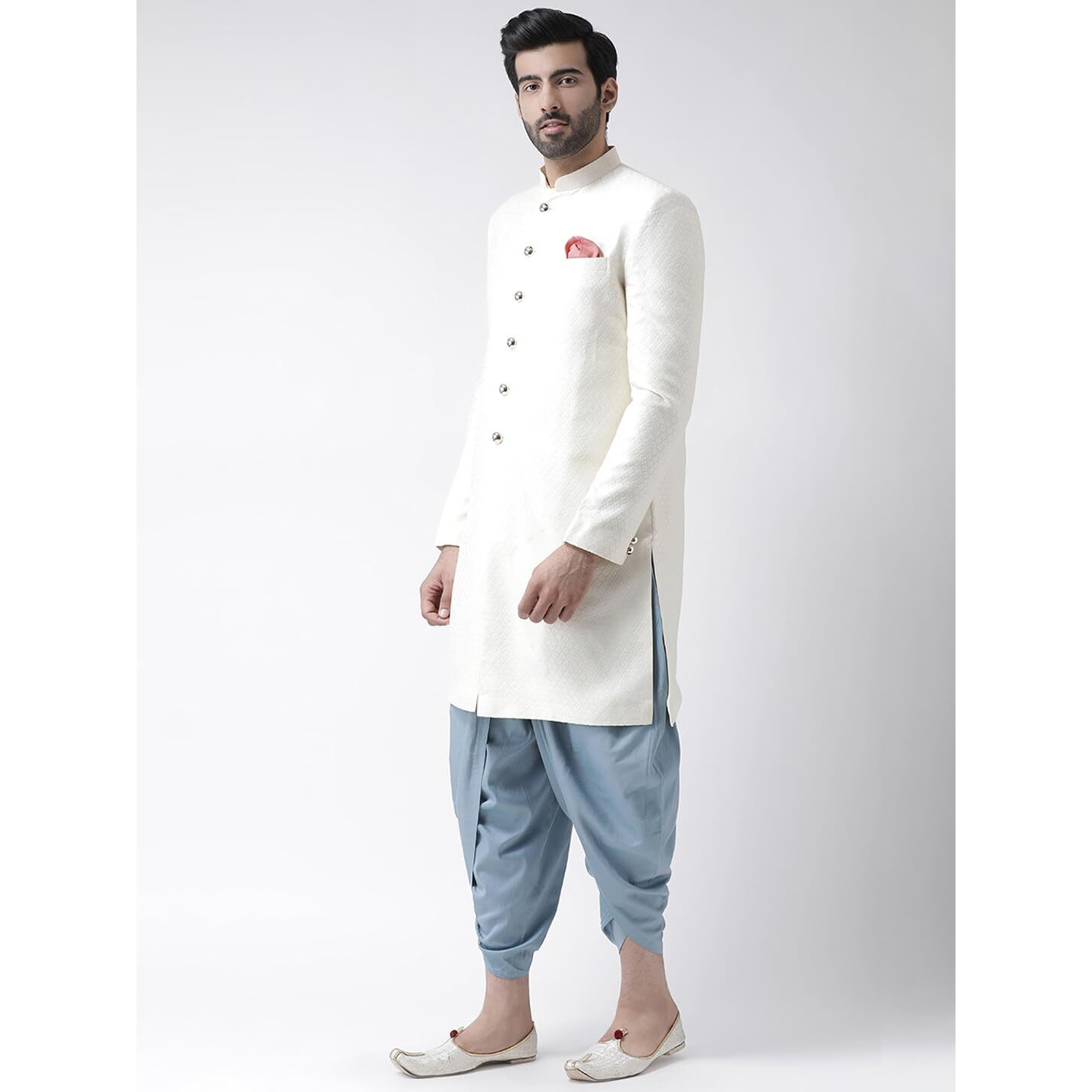 Kisah Men's Indo-Western Sherwani Dhoti Set, White Jacquard Woven Design Mandarin Collar Full Sleeves Regular Fit (Xl)