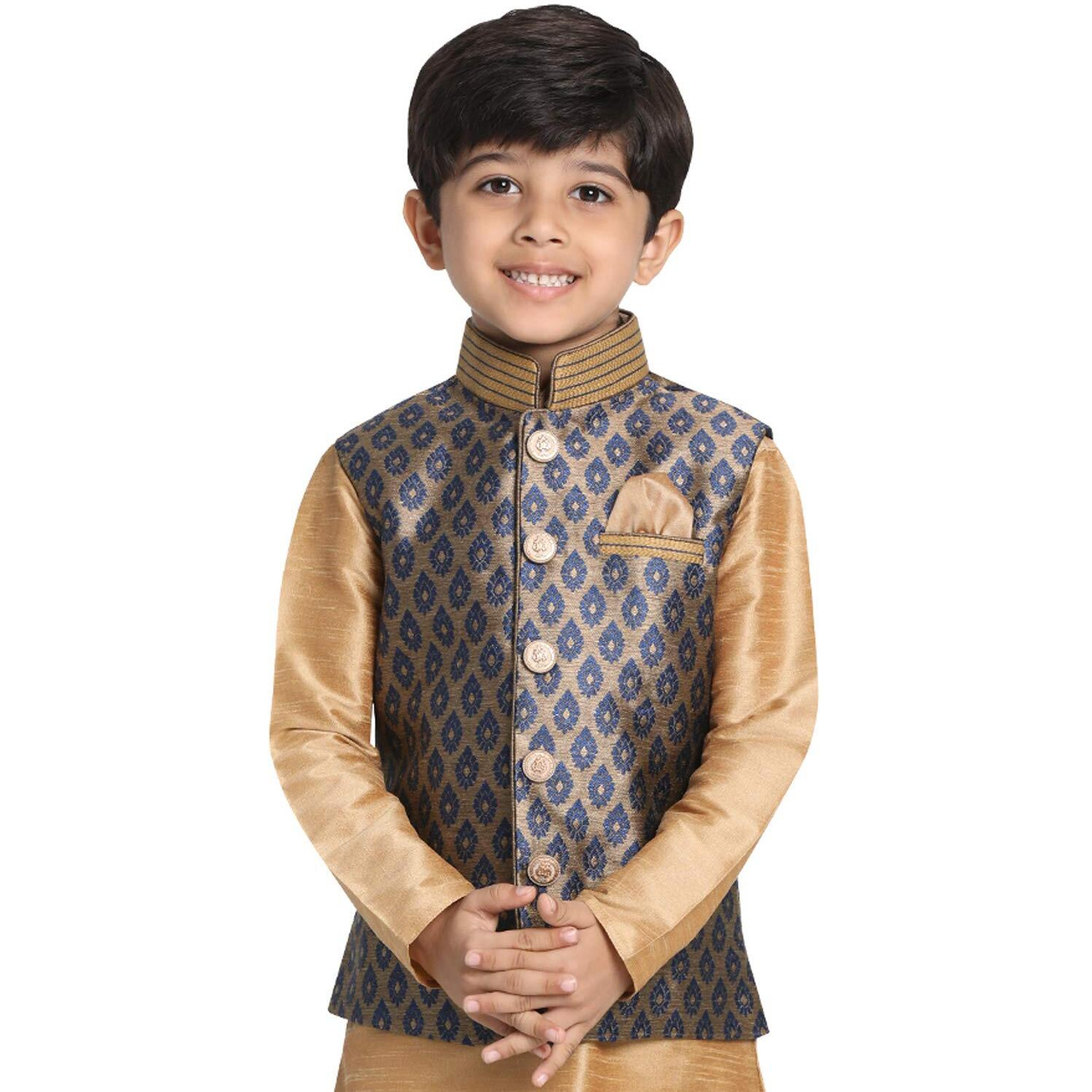 Jbn Creation Boys' Navy Blue And Gold Silk Blend Nehru Jacket (Vasbj025Nb, For 7-8 Years)