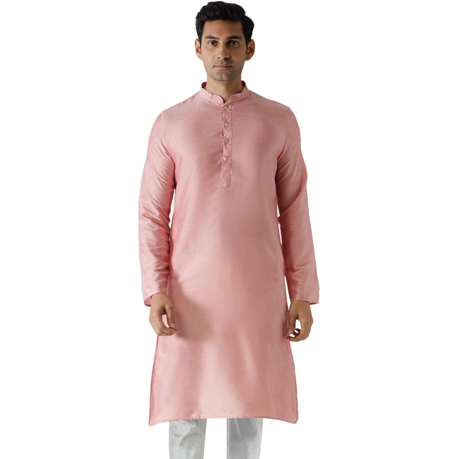 Kisah Men Pink Solid Straight Kurta Full Sleaves, Knee Length, Straight, Regular Fit, Mandarin Collar Ethnic Wear