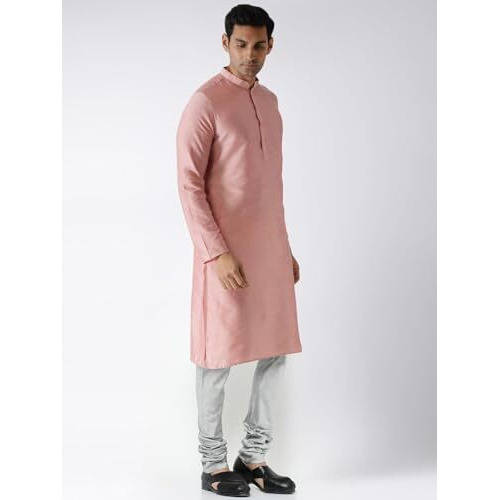 Kisah Men Pink Solid Straight Kurta Full Sleaves, Knee Length, Straight, Regular Fit, Mandarin Collar Ethnic Wear