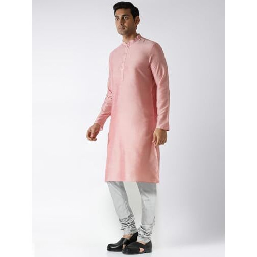 Kisah Men Pink Solid Straight Kurta Full Sleaves, Knee Length, Straight, Regular Fit, Mandarin Collar Ethnic Wear