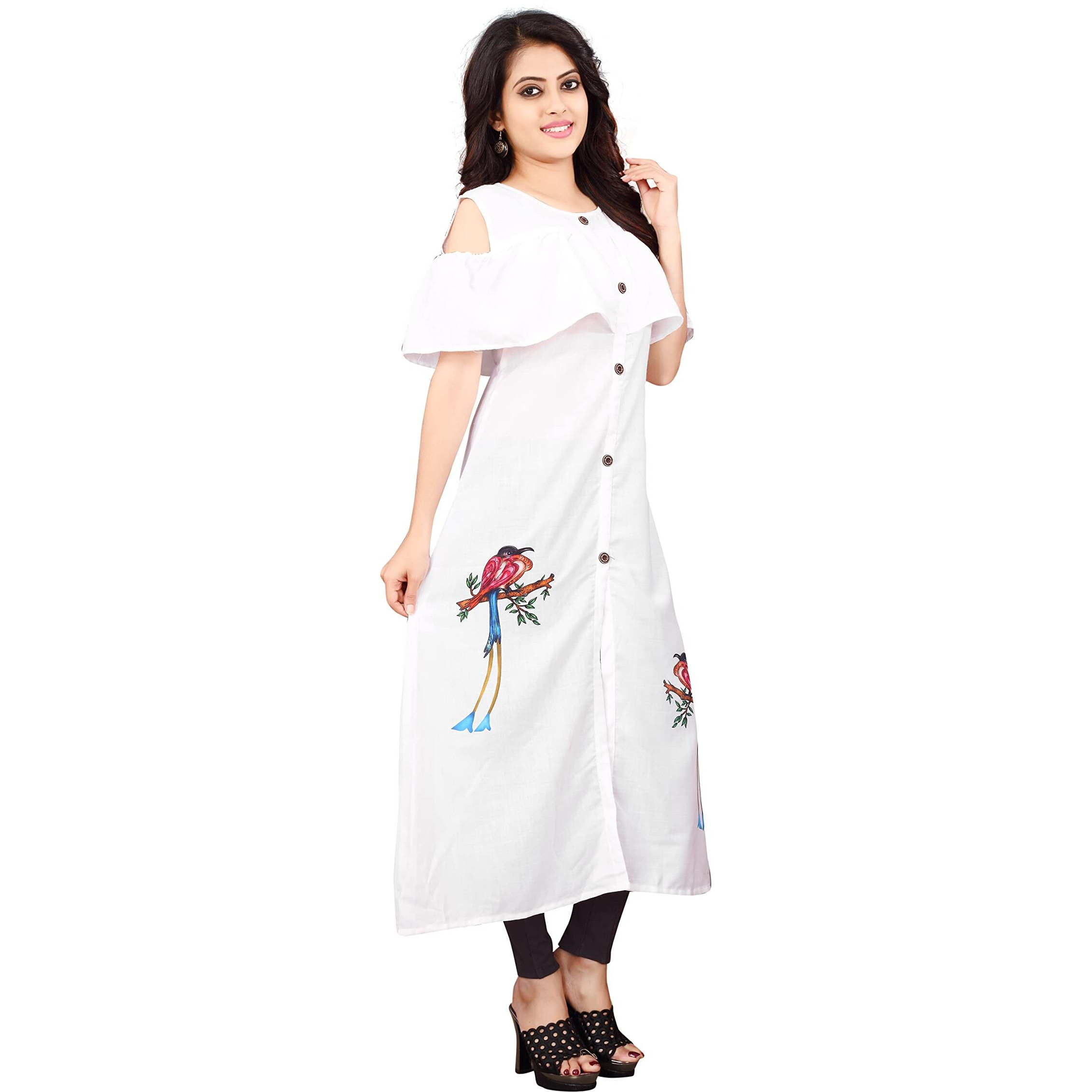 Om Sai Latest Creation Women's Rayon Printed Fully Stitched Kurta Women & Girls (X-Large, White)