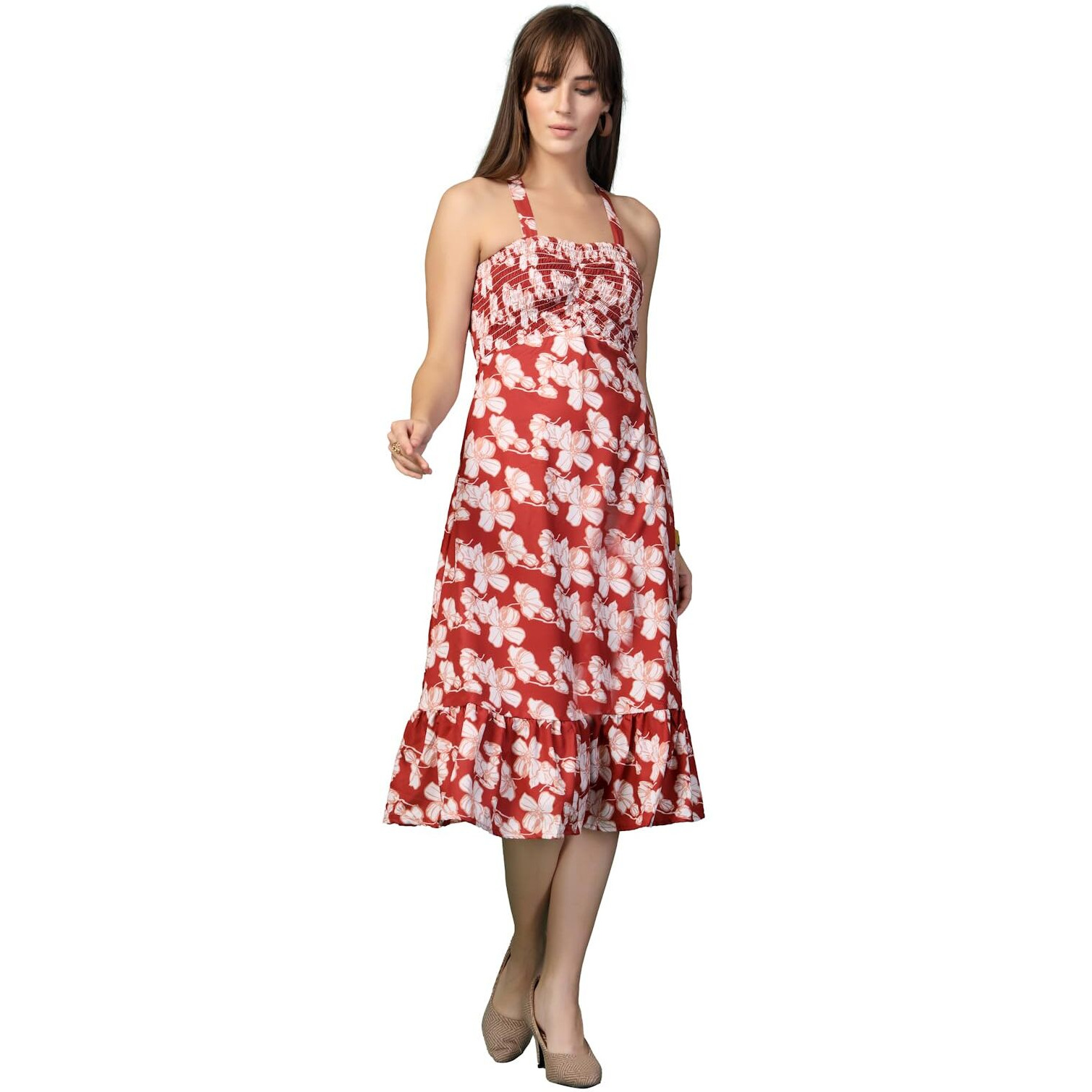 Oomph Women's Western & Fusion Wear Printed Crepe Dress For Women, Smocked Bodice, Red - Md1049
