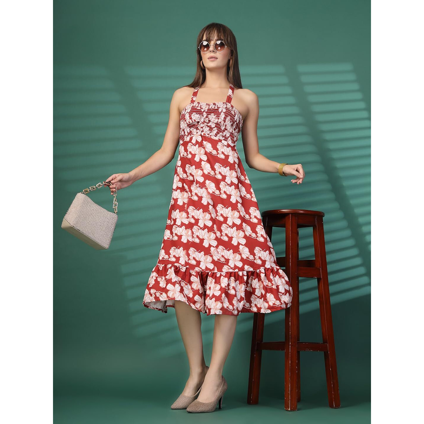 Oomph Women's Western & Fusion Wear Printed Crepe Dress For Women, Smocked Bodice, Red - Md1049