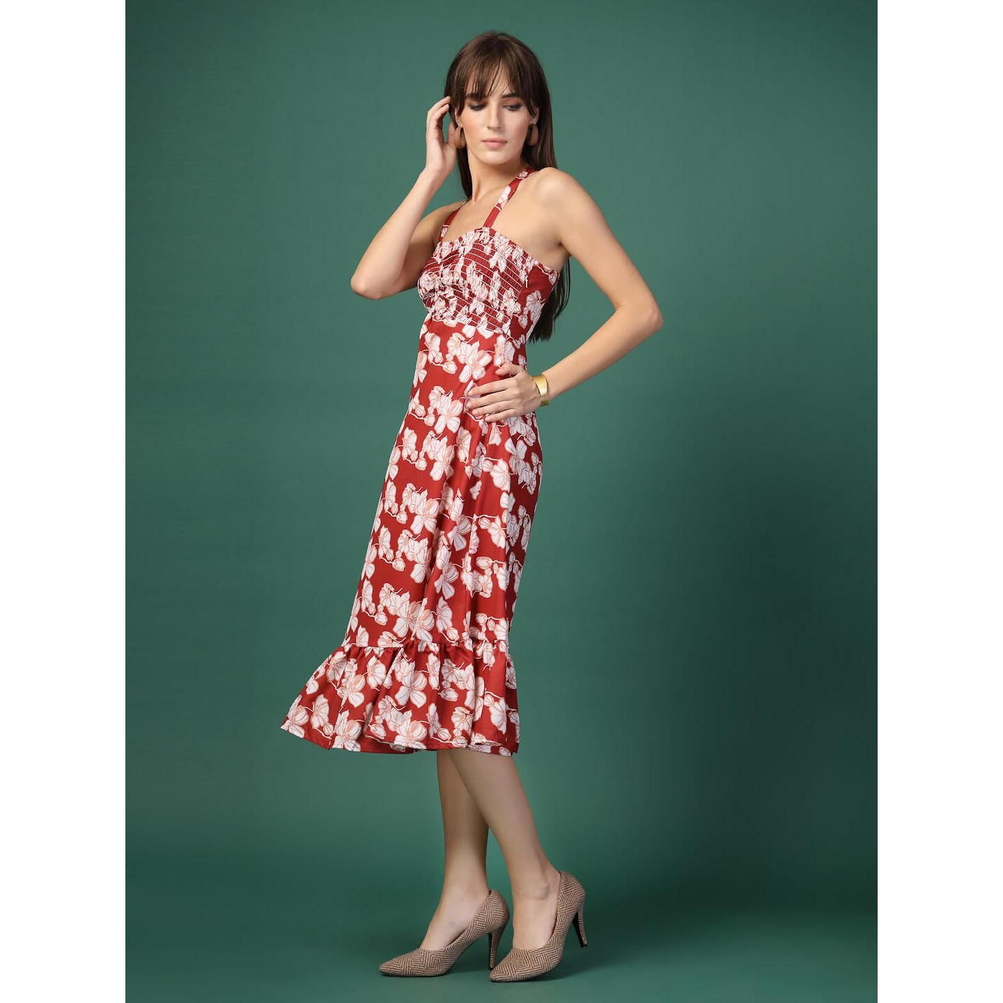 Oomph Women's Western & Fusion Wear Printed Crepe Dress For Women, Smocked Bodice, Red - Md1049