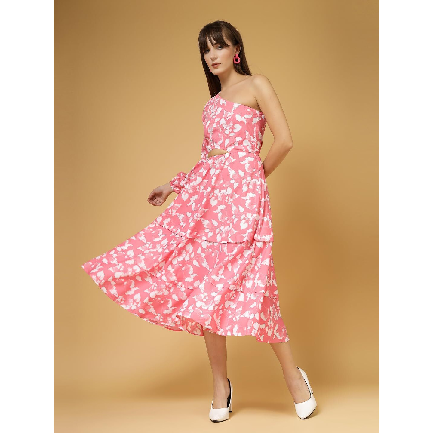 Oomph Women's Western & Fusion Wear Printed Crepe Dress For Women, One Shoulder, Pink - Md1062