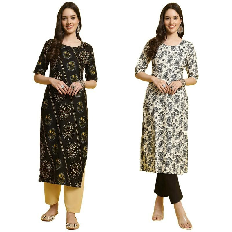 Pinkmint Kurta & Pant Set Ll Printed Kurti Ll Combo Kurta Set Ll (Pack Of 2) Black-Grey