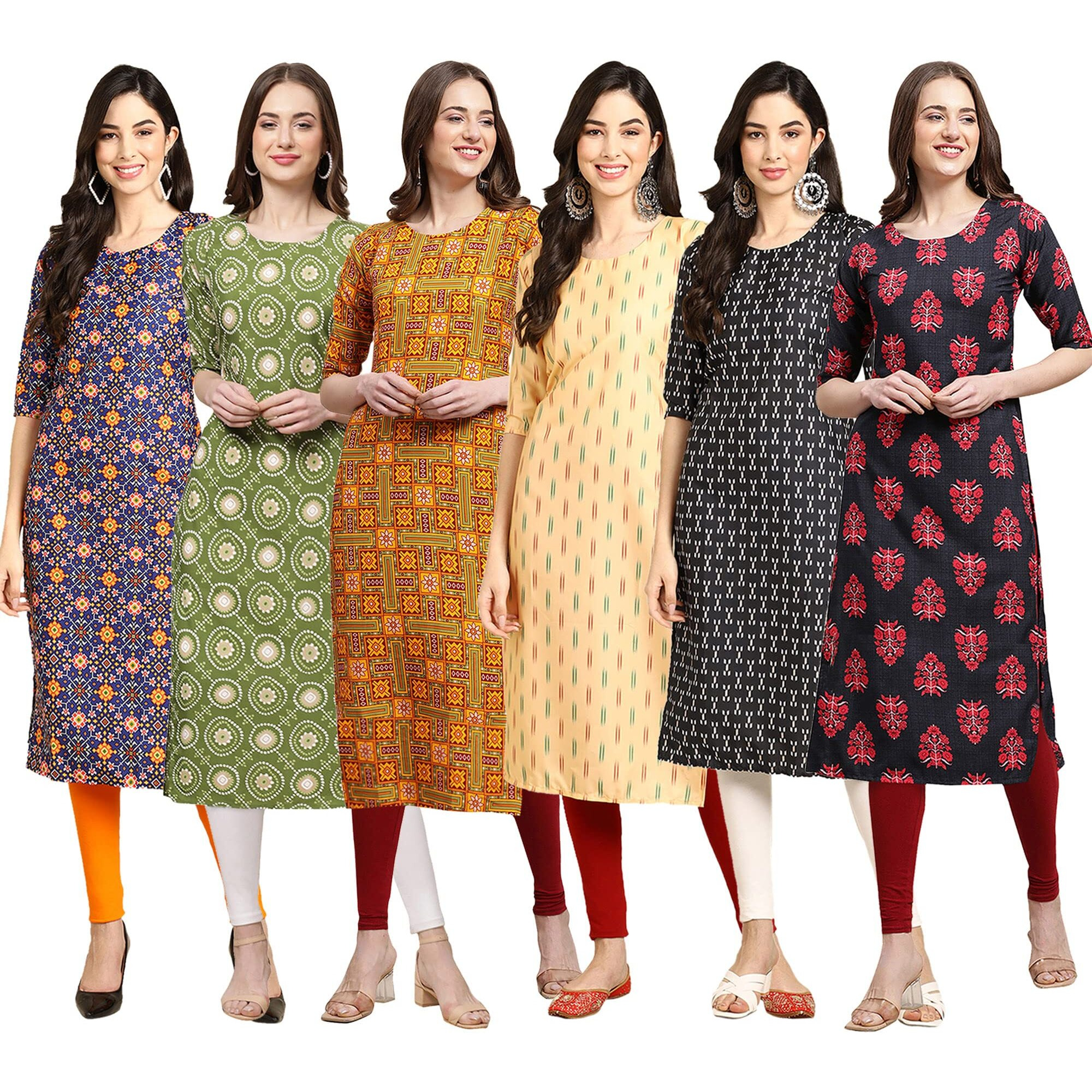 Pinkmint Women's Crepe Digital Print Straight Kurta Pack Of 6 [Cr-369-338-333-360-362-345-S]