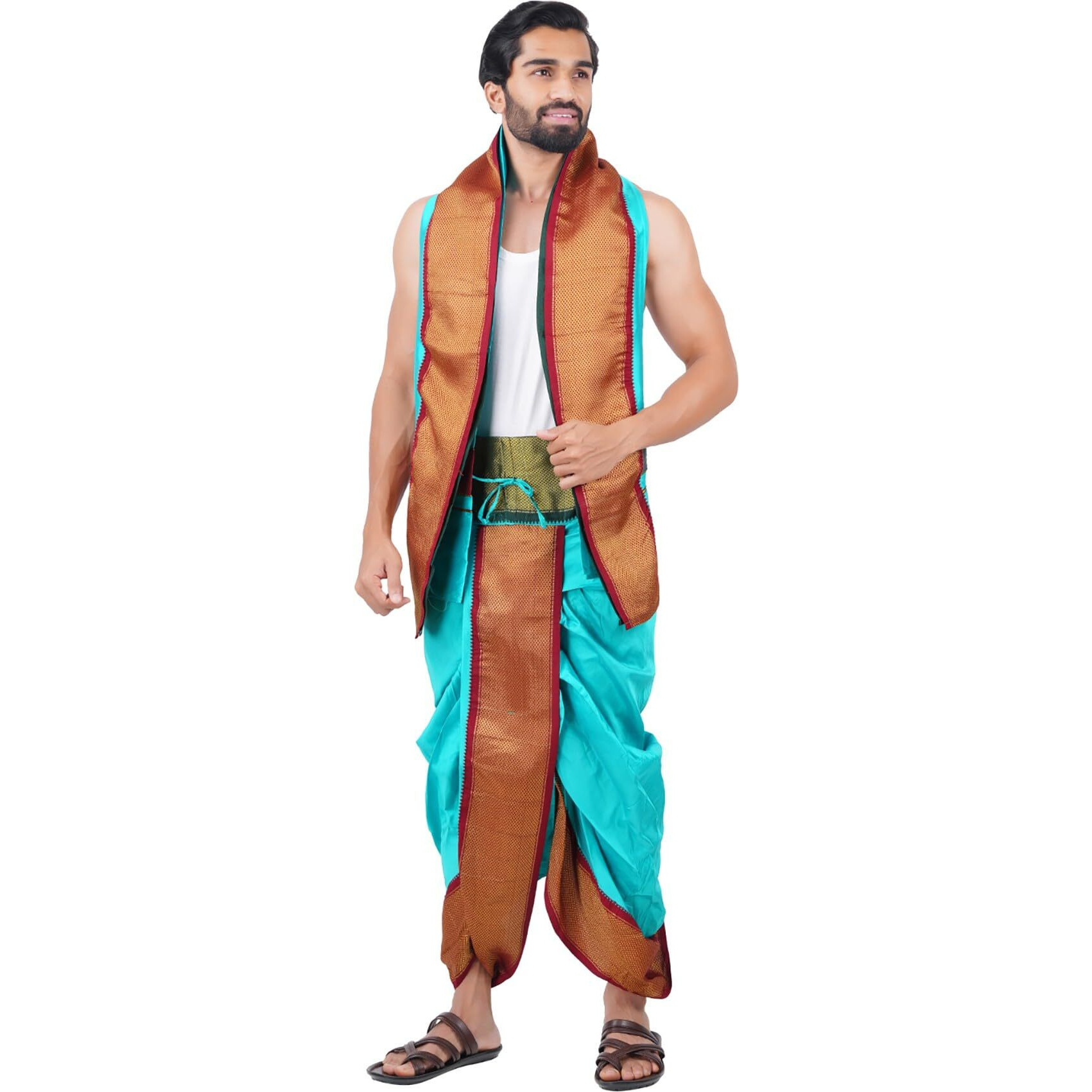 Prakasam Cotton Mens Asha Silk Panchakacham Ready To Wear Dhoti Towel Set With Pocket/Panchakacham Dhoti With Angavastram (Stitched Dhoti With Pocket