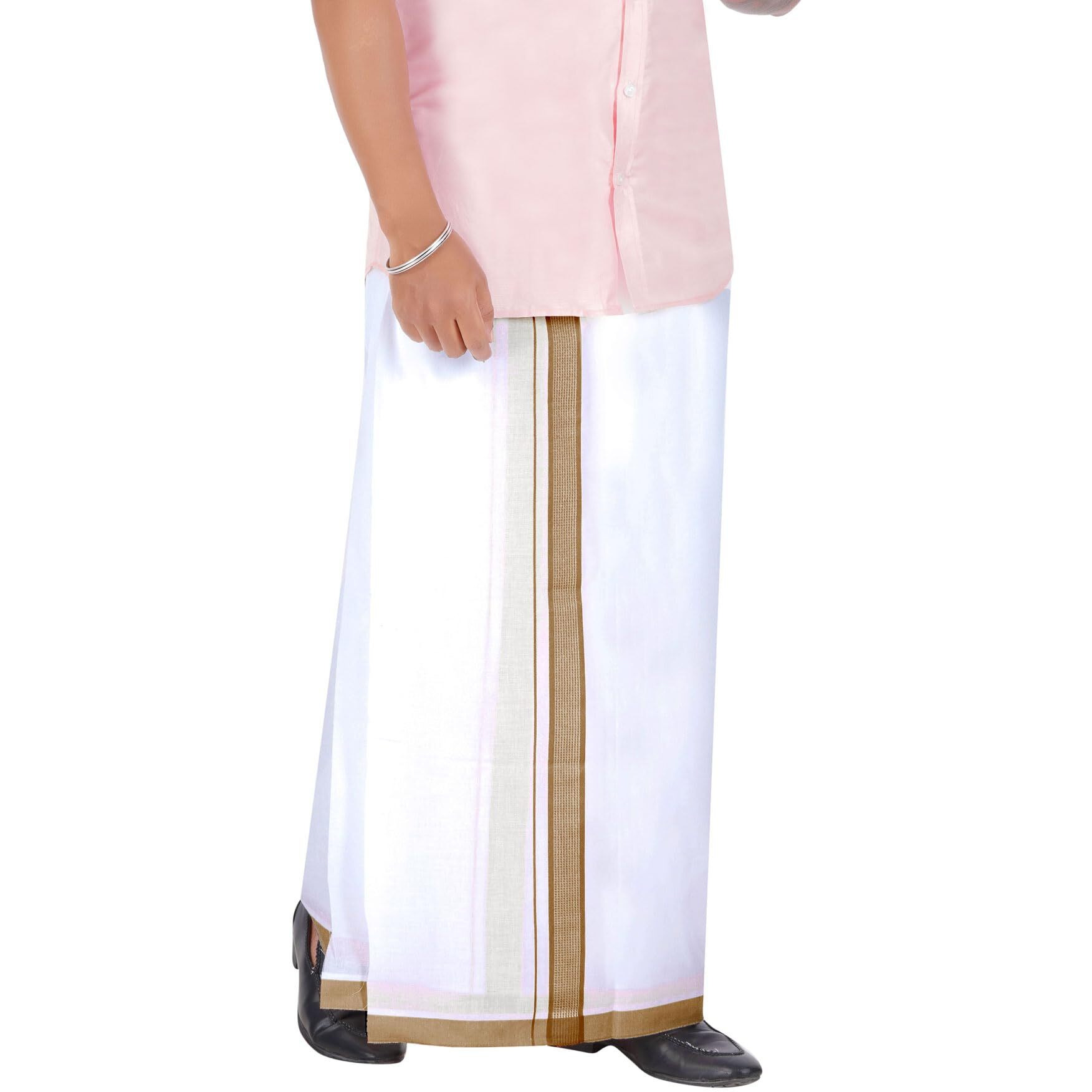 Prakasam Cotton Men's Double White Dhoti With Dobby Design Border (1.30 X 4.00 Meter) (Gold)