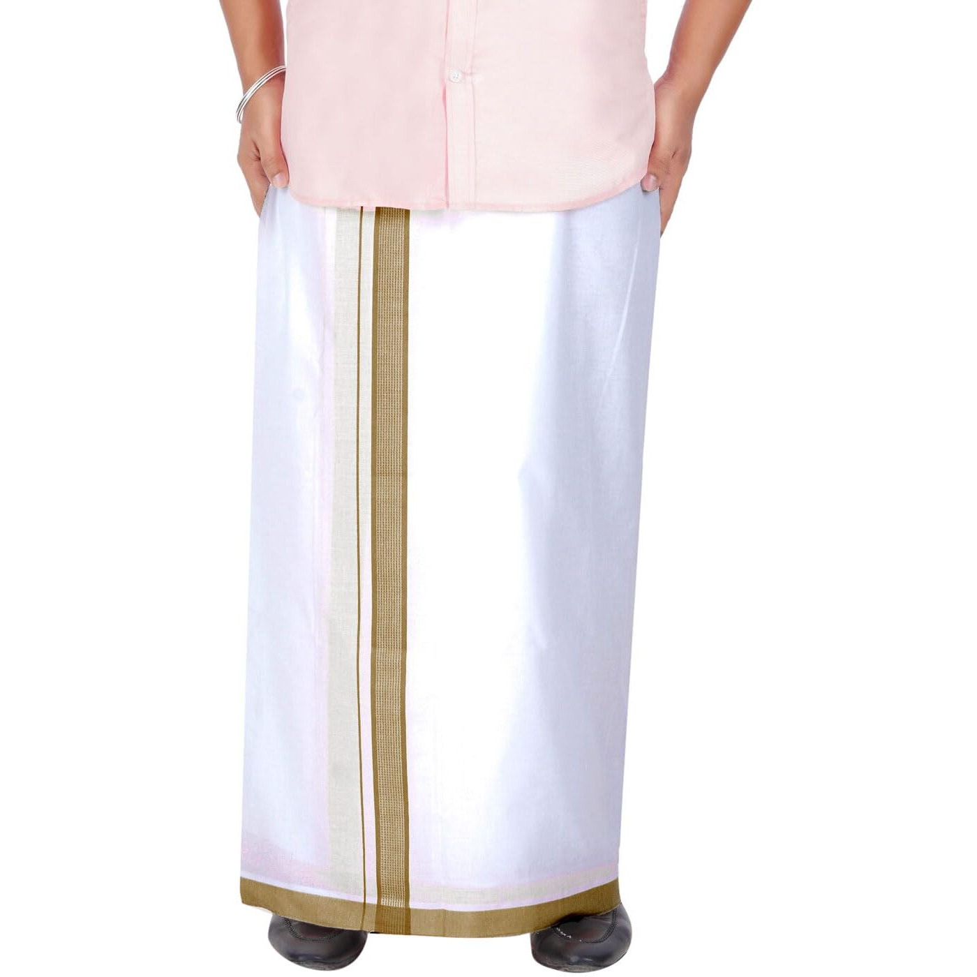 Prakasam Cotton Men's Double White Dhoti With Dobby Design Border (1.30 X 4.00 Meter) (Gold)