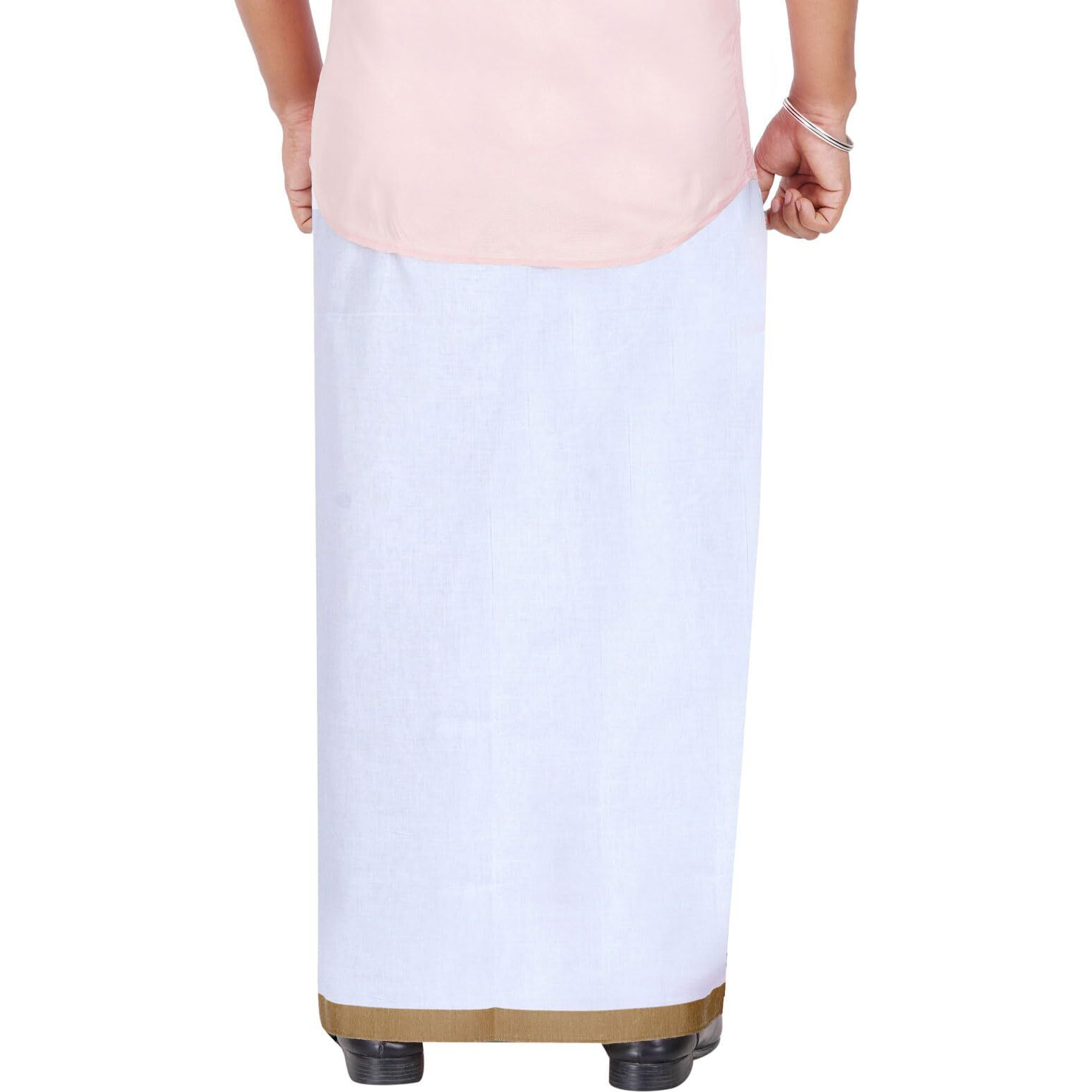 Prakasam Cotton Men's Double White Dhoti With Dobby Design Border (1.30 X 4.00 Meter) (Gold)