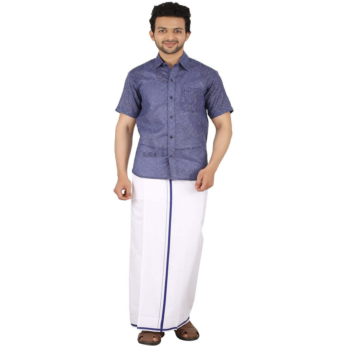 Prakasam Cotton (Winner Men's Welcro Pocket Single Dhoti With Navy Border (Size 44)