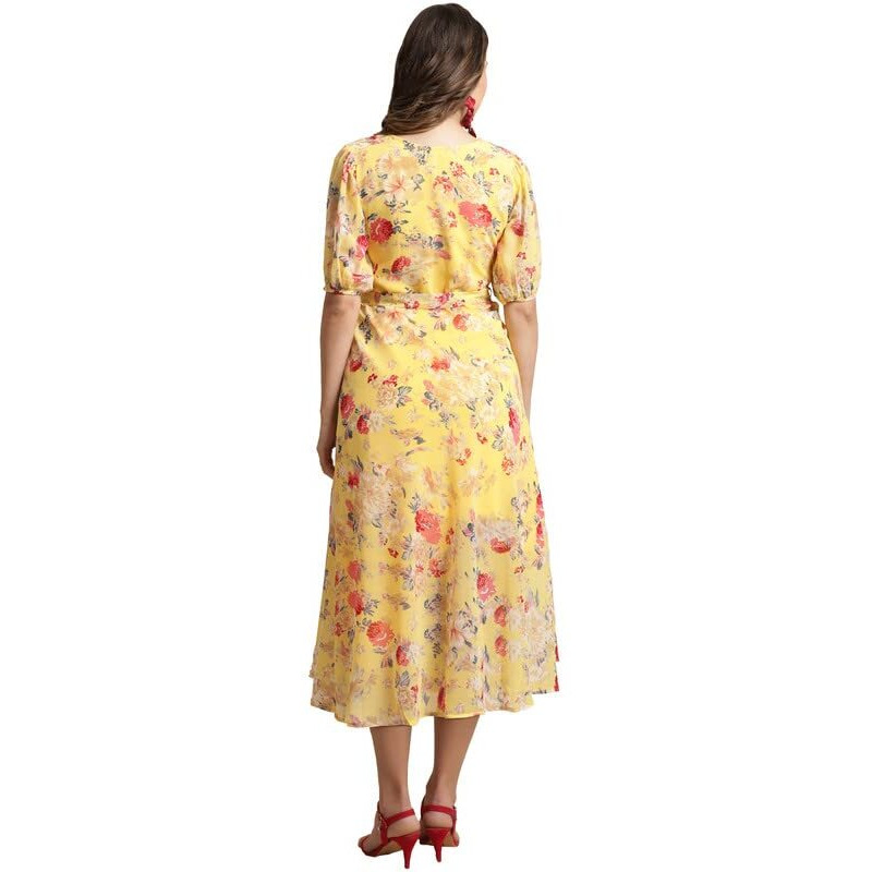 Preneum Women Fit & Flare Latest Style Print Georgette Regular Sleeves Casual Summer Maxi Dress | Festival & Occasion, Yellow, S