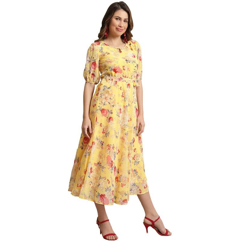 Preneum Women Fit & Flare Latest Style Print Georgette Regular Sleeves Casual Summer Maxi Dress | Festival & Occasion, Yellow, S