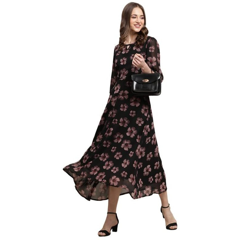 Preneum Women's Maxi Fit & Flare Latest Style Print Georgette Regular Sleeves Casual Maxi Dress || Summer Dress Festival & Occasion, Jet Black, 2Xl