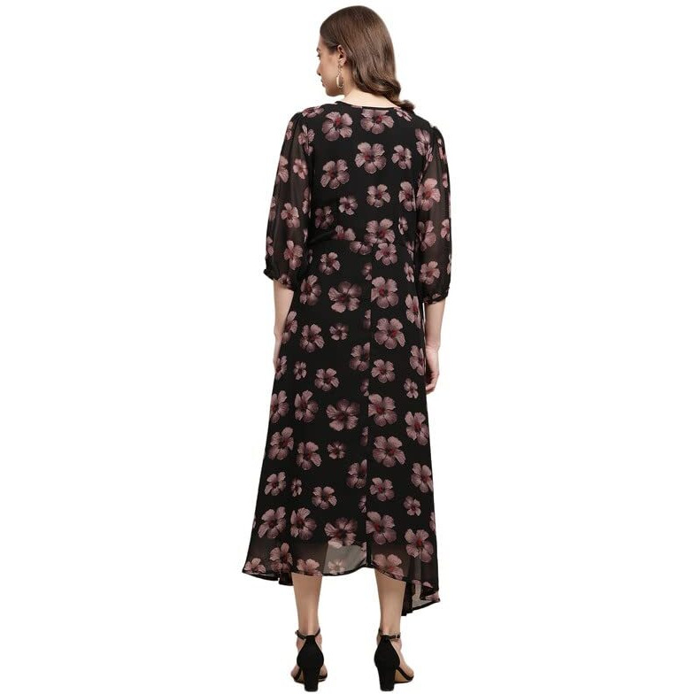 Preneum Women's Maxi Fit & Flare Latest Style Print Georgette Regular Sleeves Casual Maxi Dress || Summer Dress Festival & Occasion, Jet Black, 2Xl