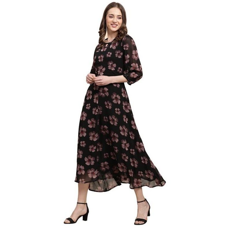 Preneum Women's Maxi Fit & Flare Latest Style Print Georgette Regular Sleeves Casual Maxi Dress || Summer Dress Festival & Occasion, Jet Black, 2Xl