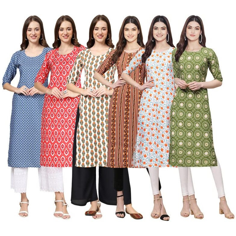 Pinkmint Women's Crepe Digital Print Straight Kurta [Pack Of 6](Qv-367-346-352-344-334-338-S)