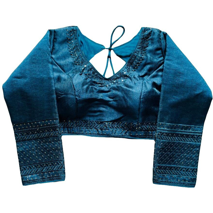 Pujia Mills Milan Silk Full Sleeve V Neck Multi Embroidery Trendy Saree Blouse(Rukmini Morpeach 42)