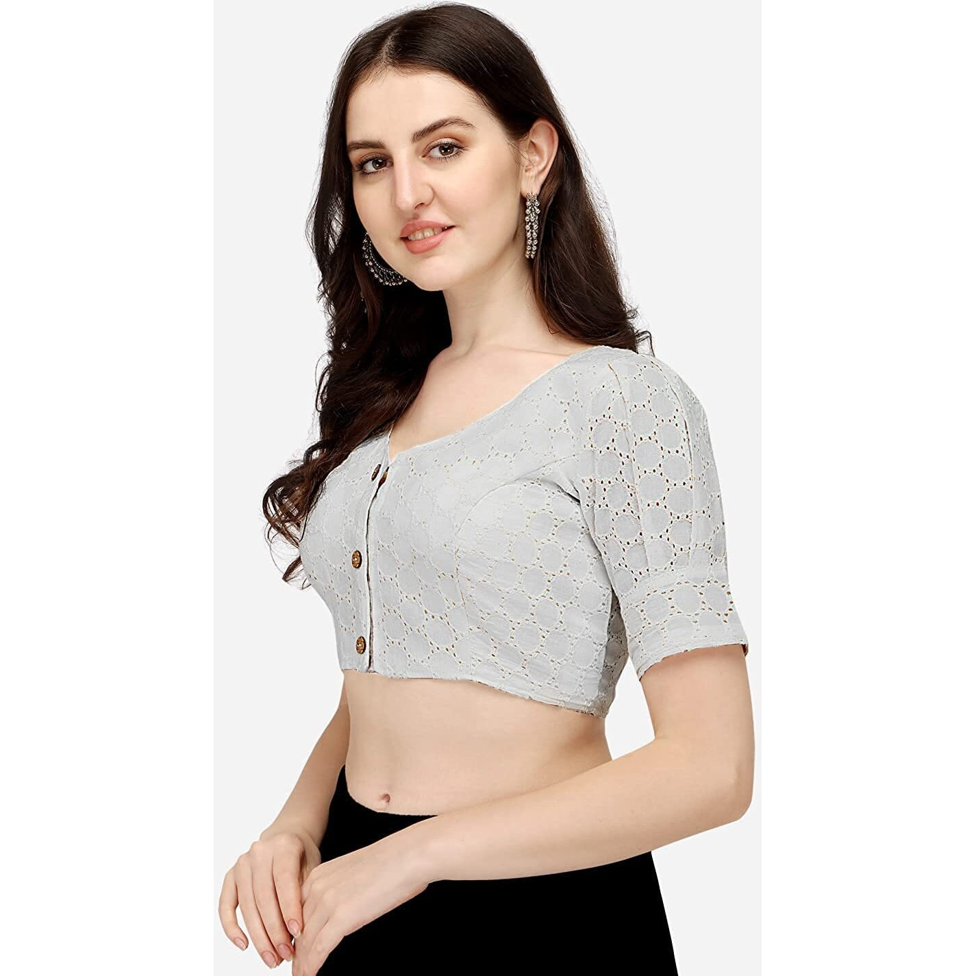 Pujia Mills Women's Cotton Chikankari Embroidery Work Readymade Saree Blouse (32, Hakoba Bright White)