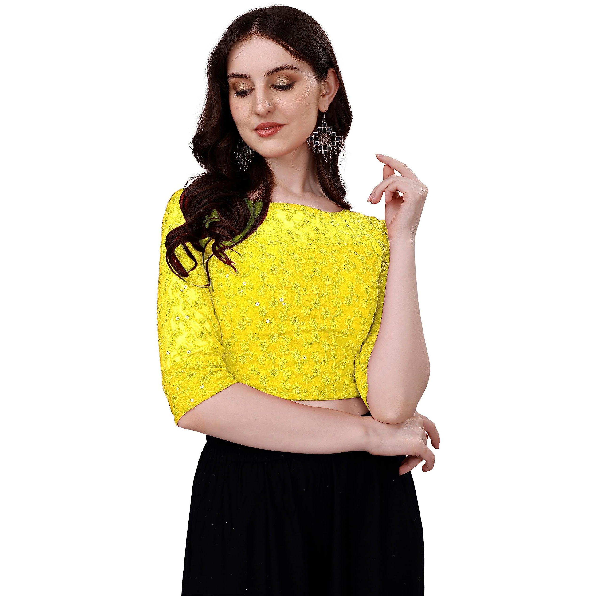 Pujia Mills Women Georgette Half Sleeve Readymade Stylish Design Fancy Stitched Saree Blouse Yellow 38
