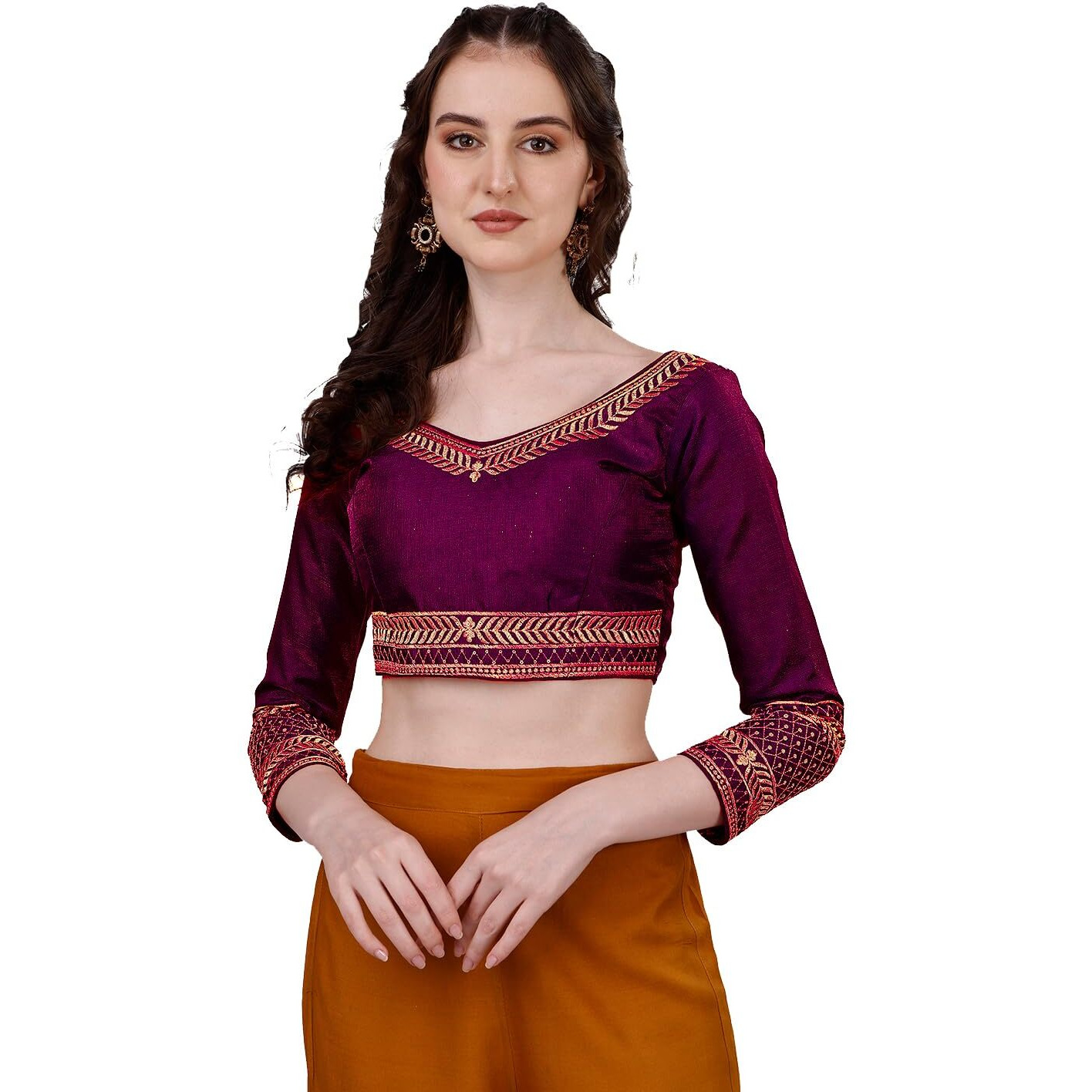 Pujia Mills Women's Milan Silk Heavy Embroidery With Sequins Worked Full Sleeve Fancy Saree Blouse Wine(Charlie Wine)