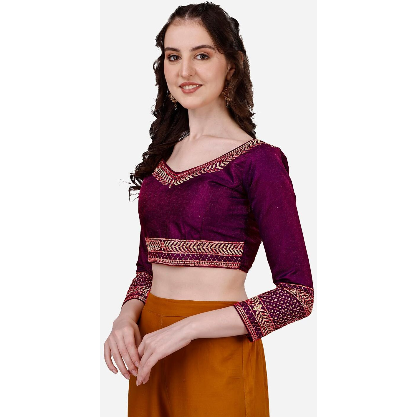 Pujia Mills Women's Milan Silk Heavy Embroidery With Sequins Worked Full Sleeve Fancy Saree Blouse Wine(Charlie Wine)