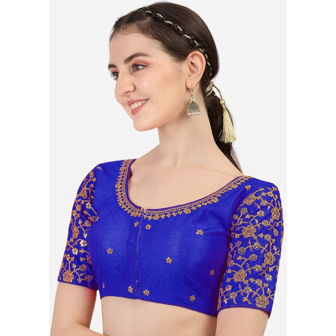 Pujia Mills Women's Phantom Silk Flowerhalf Sleeve Saree Blouse (Flowerr Blouse_Royal Blue_38 Size+Margin)