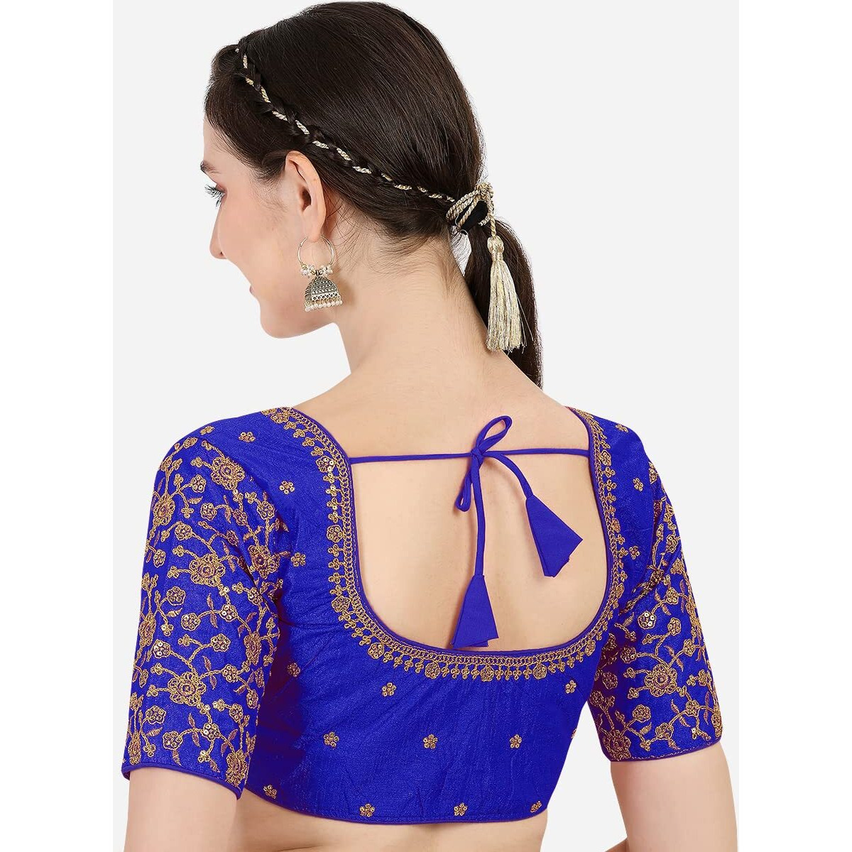 Pujia Mills Women's Phantom Silk Flowerhalf Sleeve Saree Blouse (Flowerr Blouse_Royal Blue_38 Size+Margin)