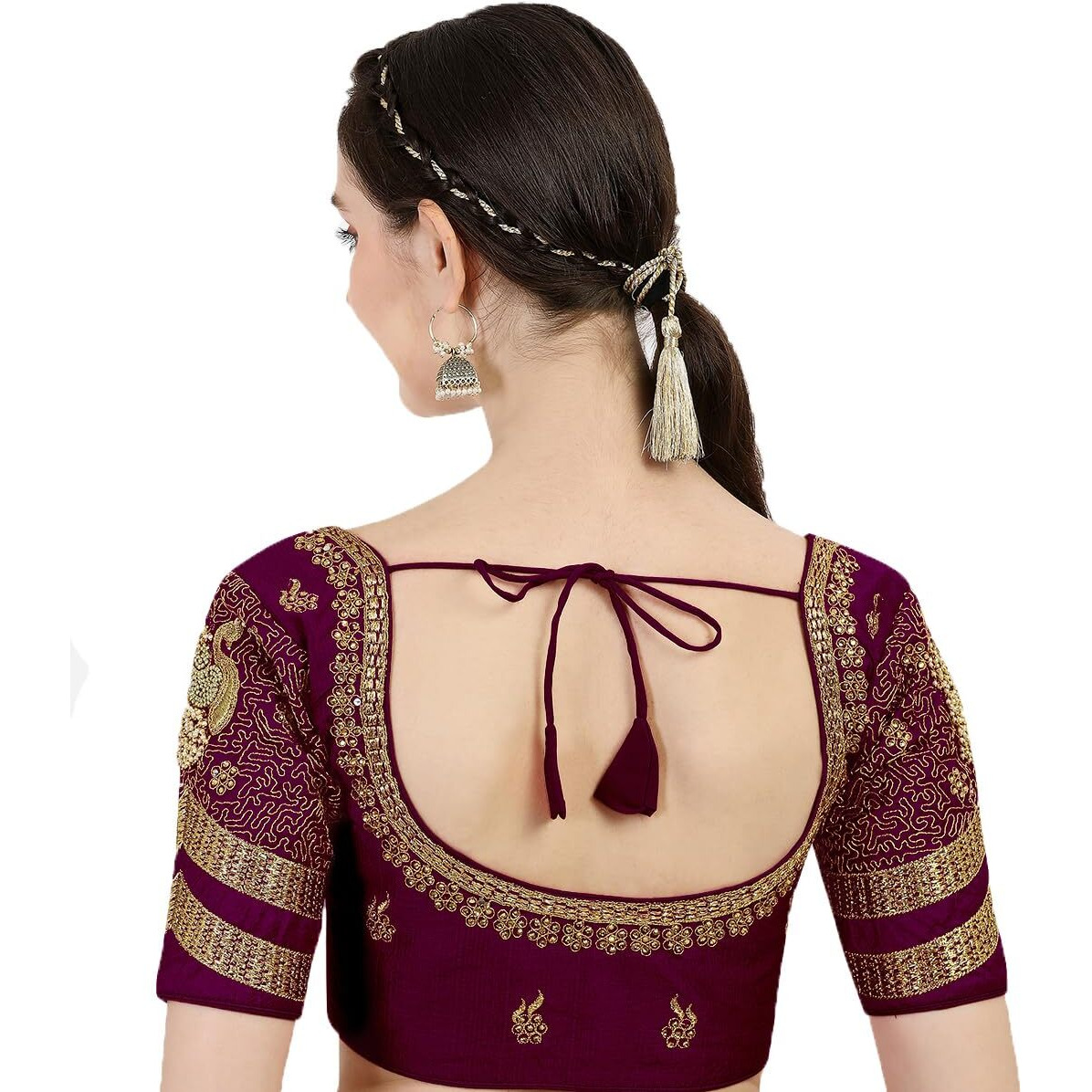 Pujia Mills Women's Silk Heavy Embroidery Peacock Khatli Work With Stone Work Readymade Half Sleeve Blouse (Wine_38)
