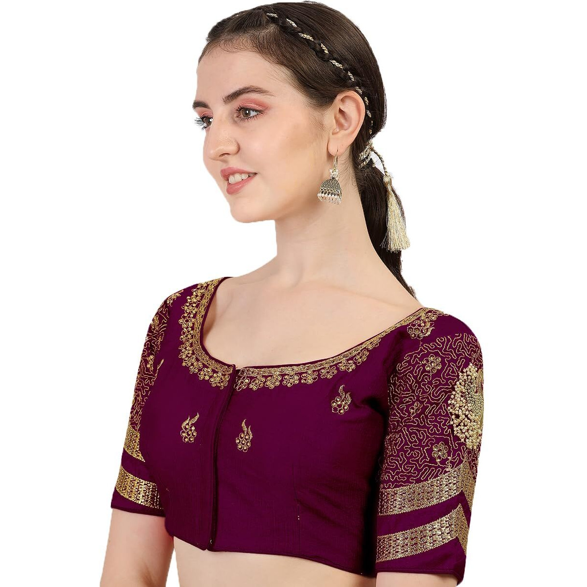 Pujia Mills Women's Silk Heavy Embroidery Peacock Khatli Work With Stone Work Readymade Half Sleeve Blouse (Wine_38)