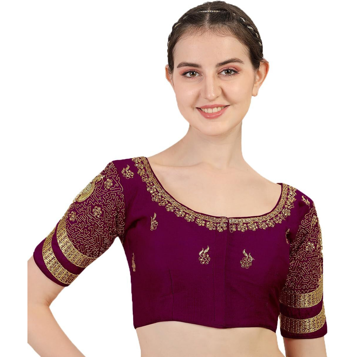 Pujia Mills Women's Silk Heavy Embroidery Peacock Khatli Work With Stone Work Readymade Half Sleeve Blouse (Wine_38)