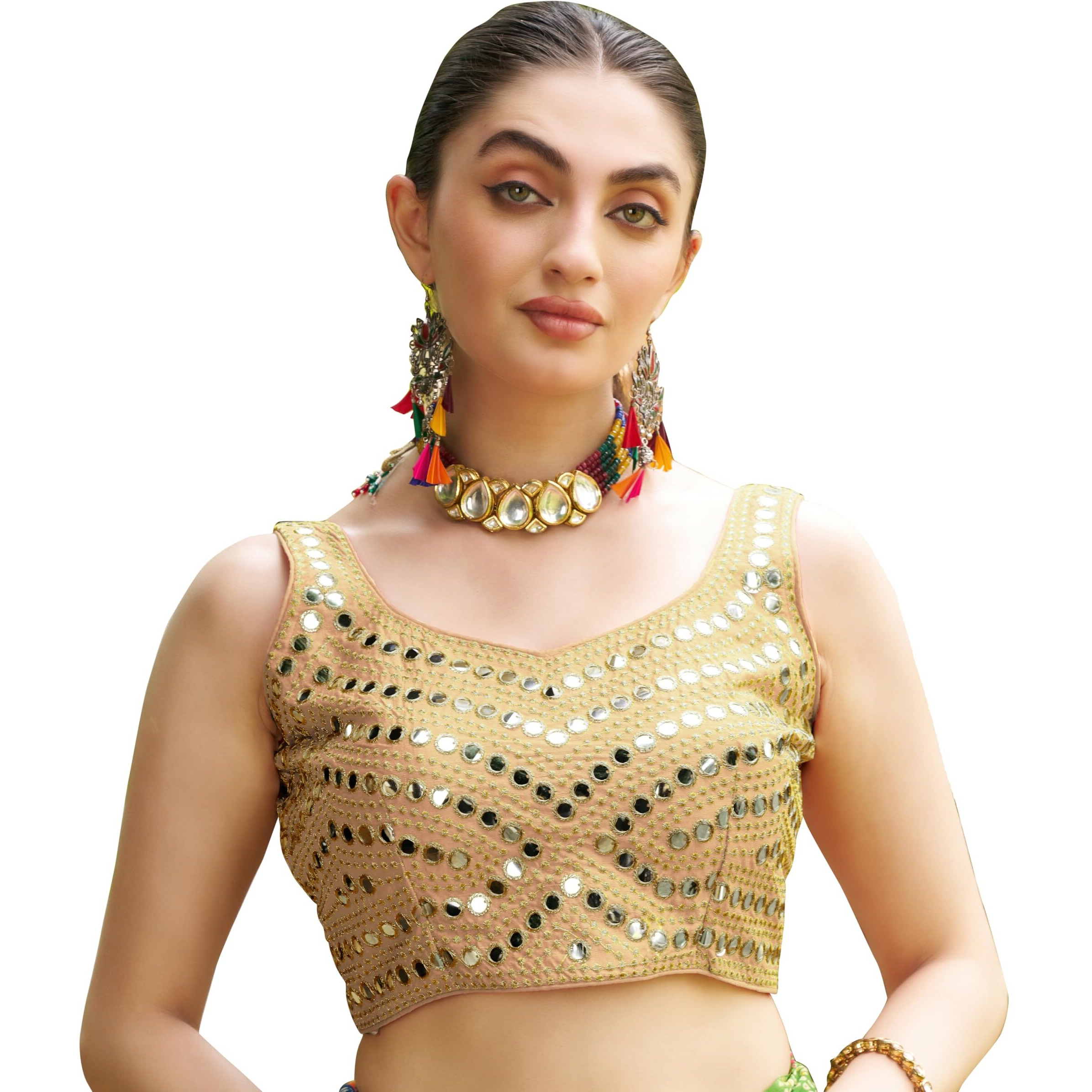 Pujia Mills Women's Embroidery Work Real Mirror Sleeveless Readymade Blouse Gold Color (V-Mirror_Gold_32)