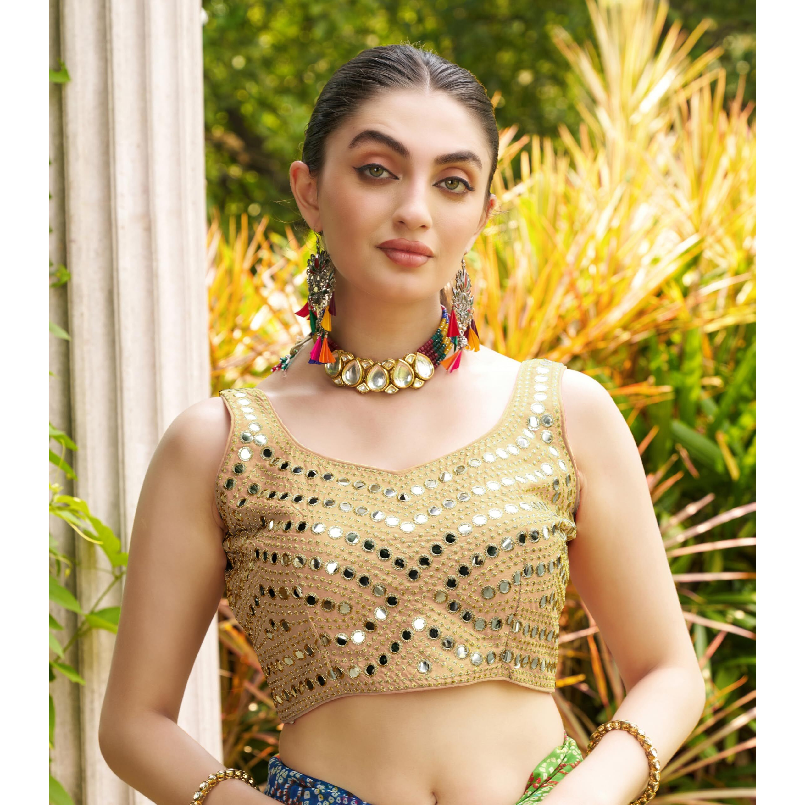 Pujia Mills Women's Embroidery Work Real Mirror Sleeveless Readymade Blouse Gold Color (V-Mirror_Gold_32)