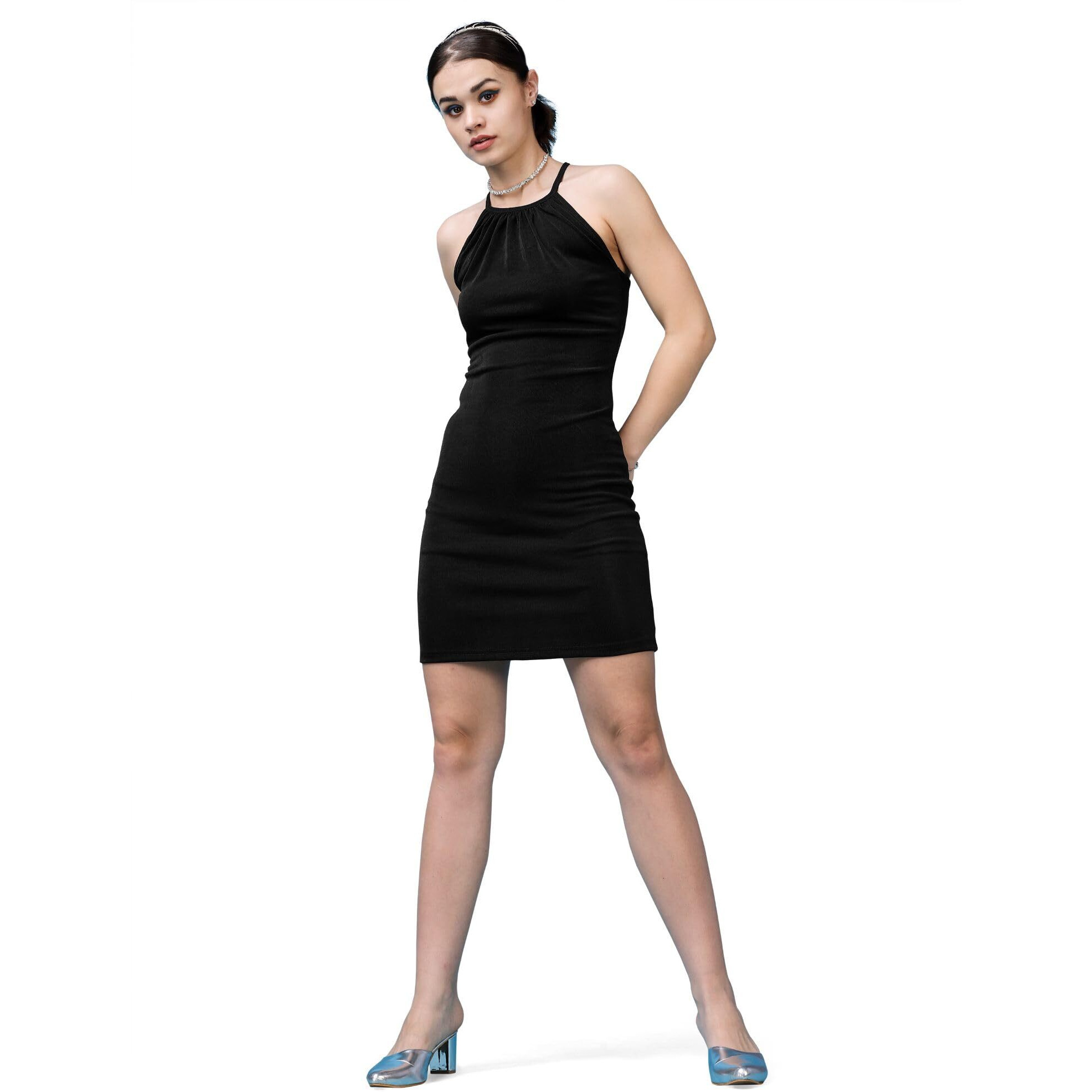 Purvaja Womens Ruched Above Knee Length Dress (Shine-033-Black_Black_X-Large)