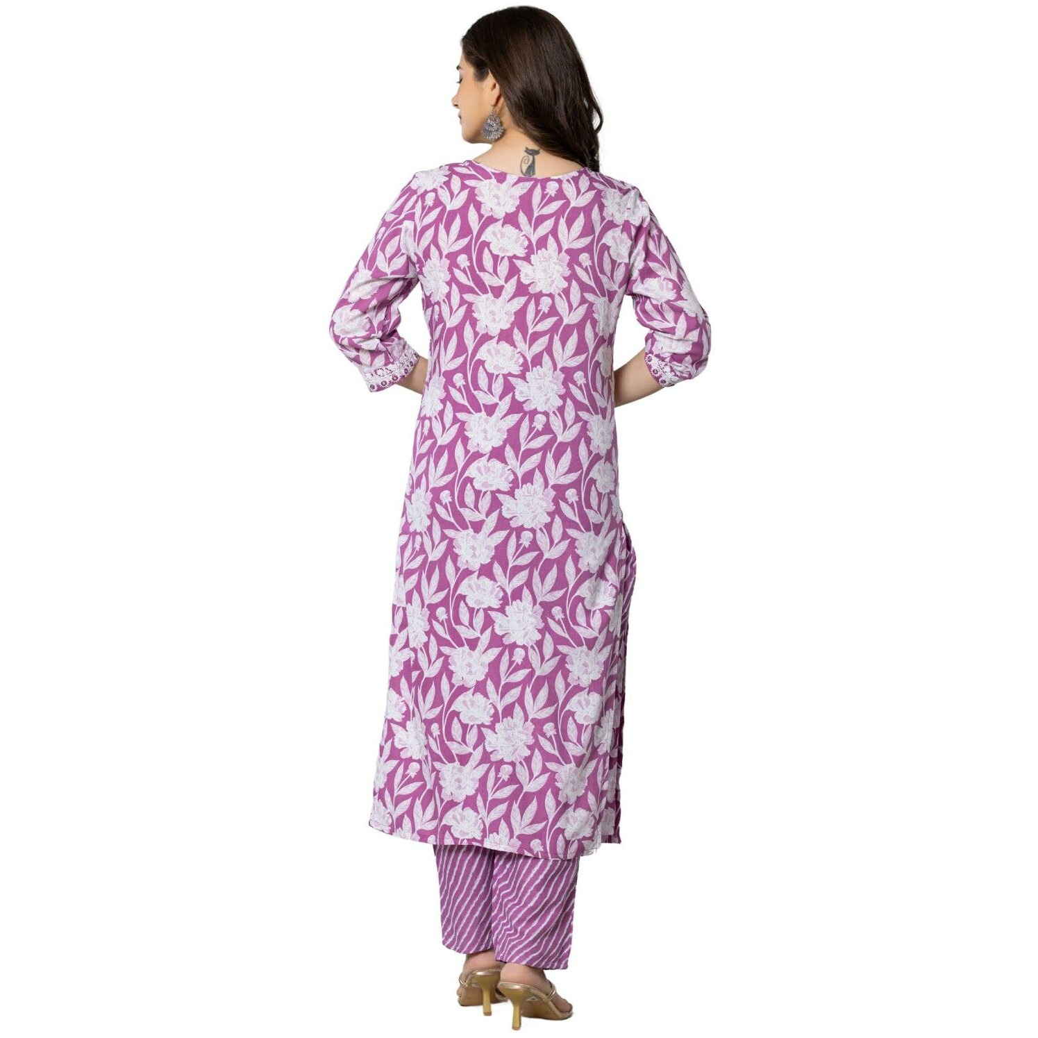 Rytras Women's Pure Cotton Printed Straight Kurta Set With Palazzo Pants & Dupatta- Ethnic Wear, Purple(Ryt587,S)