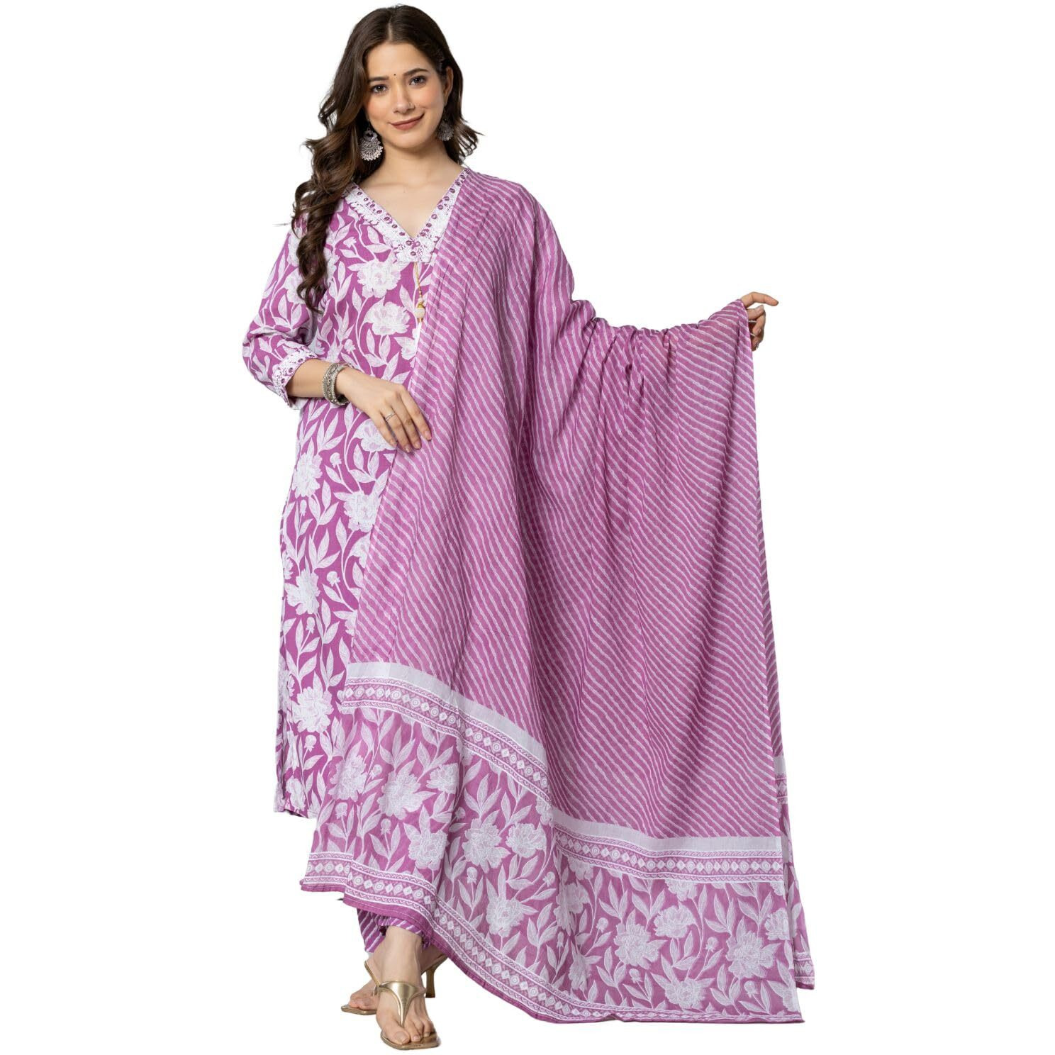 Rytras Women's Pure Cotton Printed Straight Kurta Set With Palazzo Pants & Dupatta- Ethnic Wear, Purple(Ryt587,S)