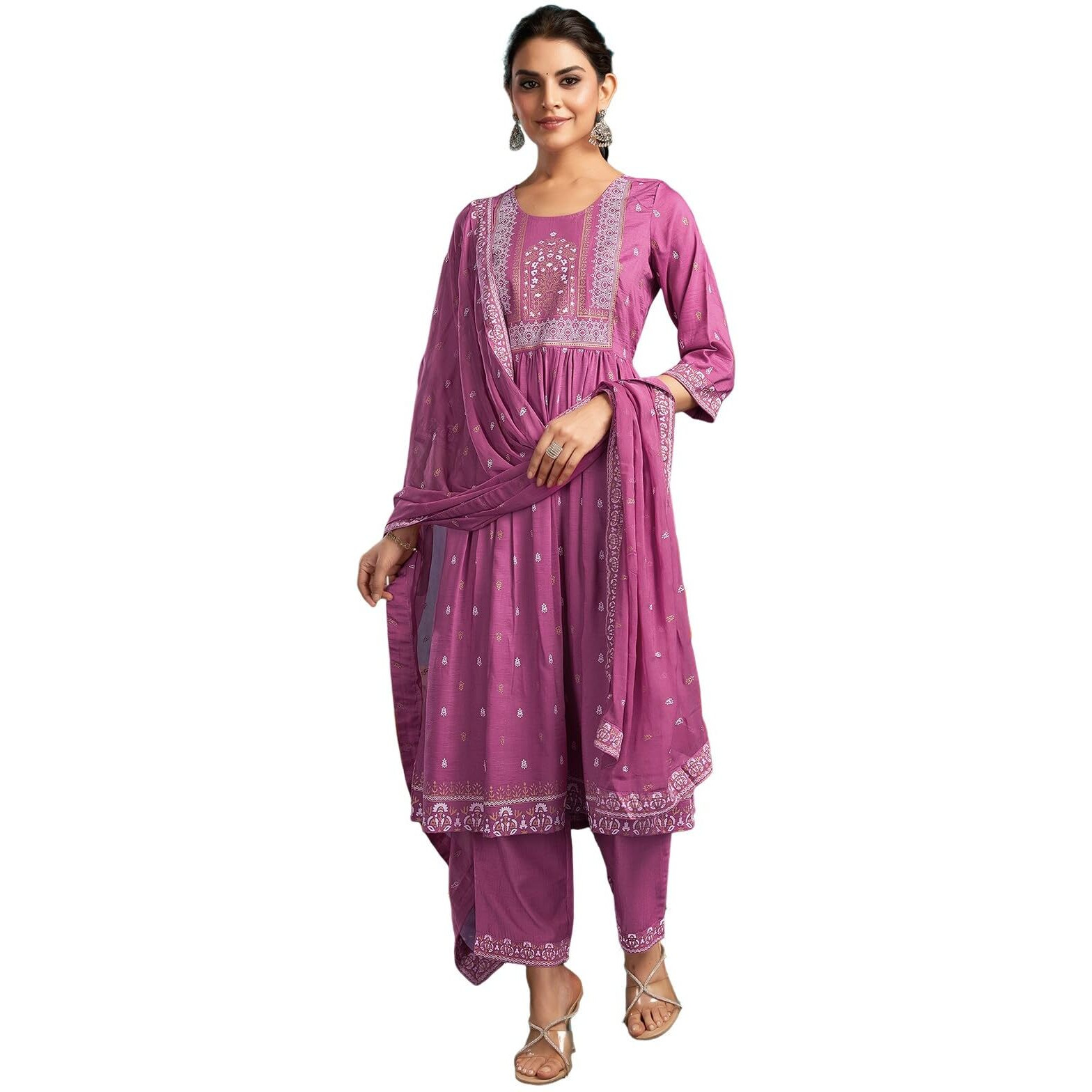 Sanisa Women's Chinnon Pigment & Foil Printed Anarkali Kurta With Pant And Dupatta Set (66Kbd755Nb-S_Dusty Pink)