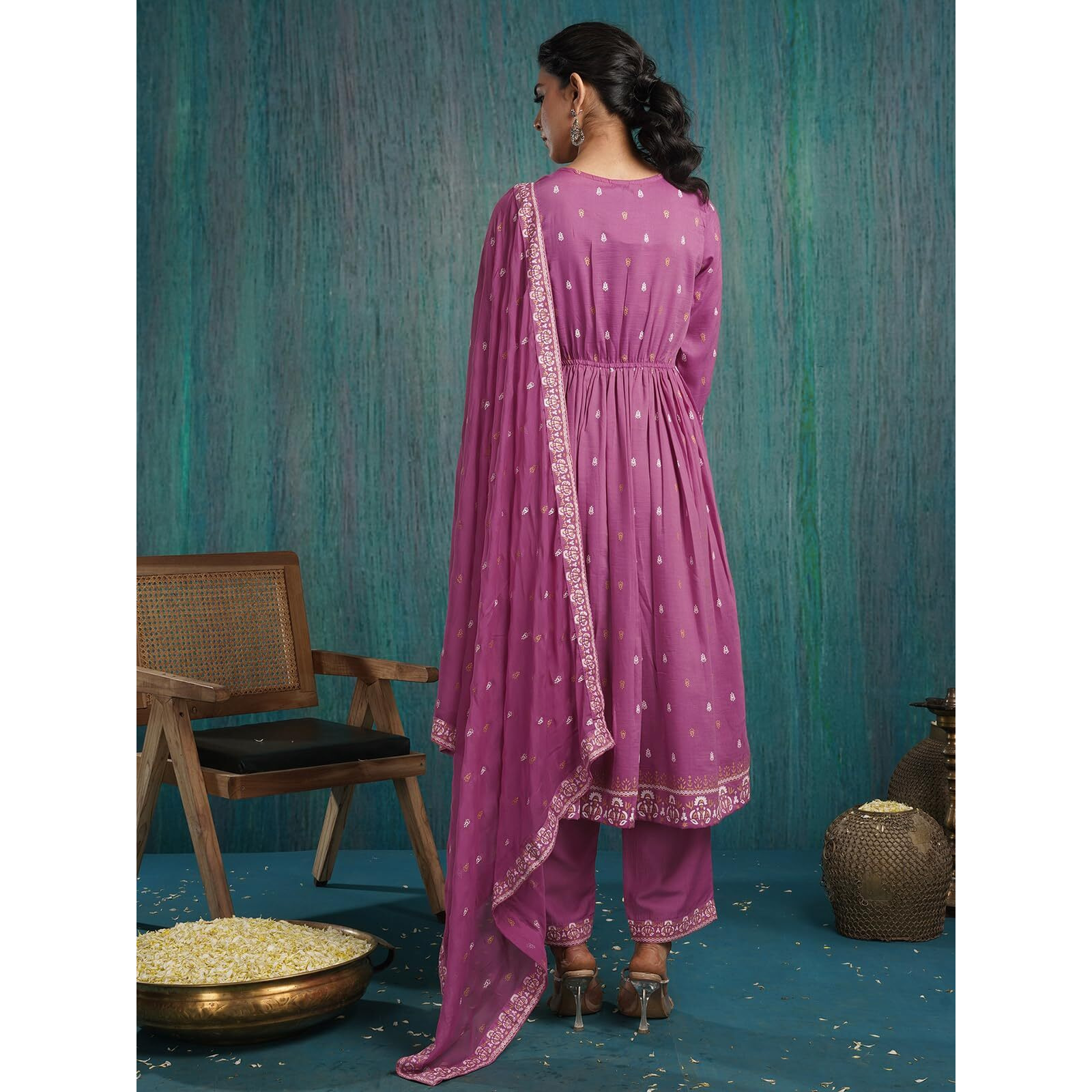 Sanisa Women's Chinnon Pigment & Foil Printed Anarkali Kurta With Pant And Dupatta Set (66Kbd755Nb-S_Dusty Pink)