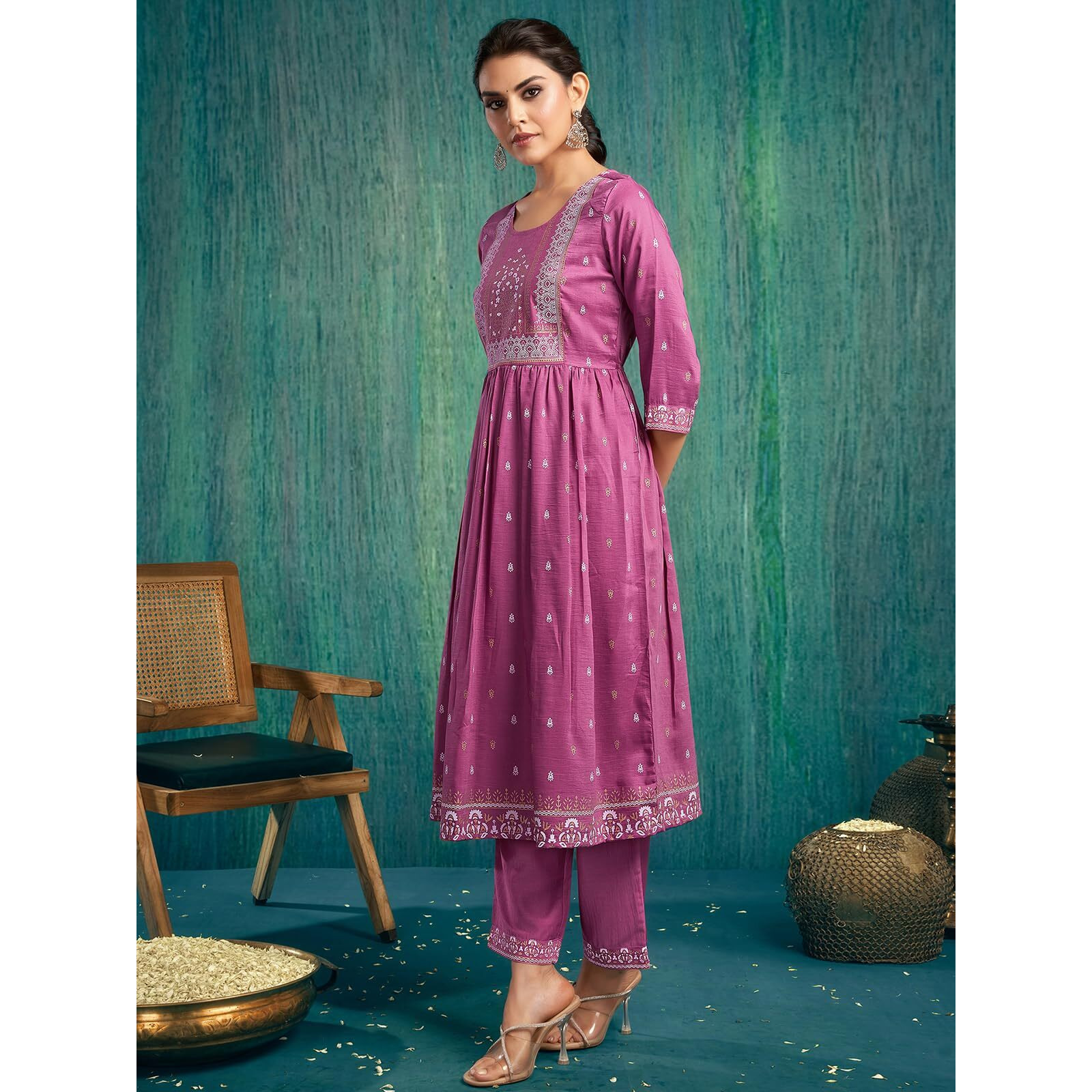 Sanisa Women's Chinnon Pigment & Foil Printed Anarkali Kurta With Pant And Dupatta Set (66Kbd755Nb-S_Dusty Pink)