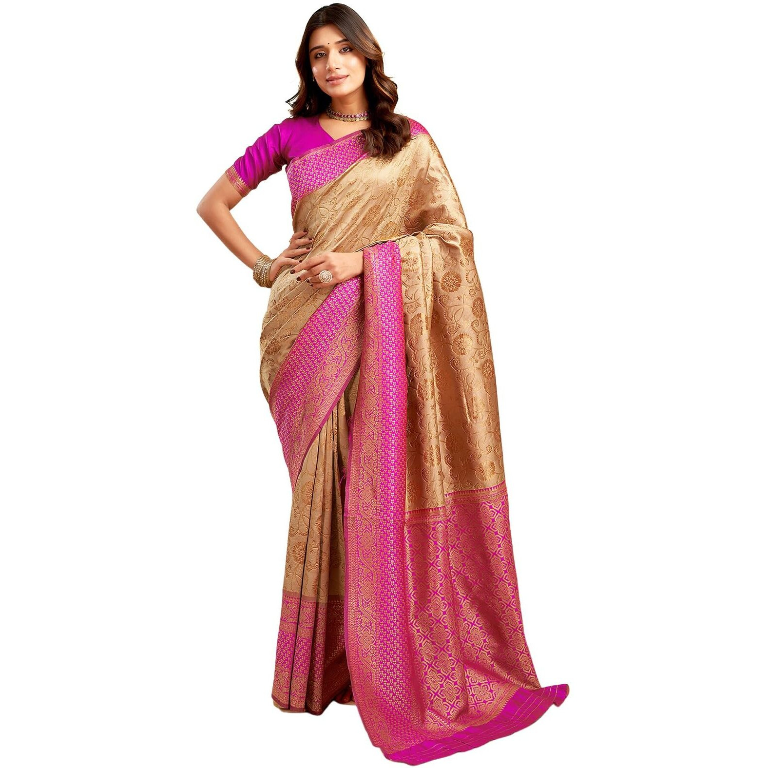 Satrani Women's Jacquard Silk Blend Saree (3993S612N_Peanut Brown & Magenta)