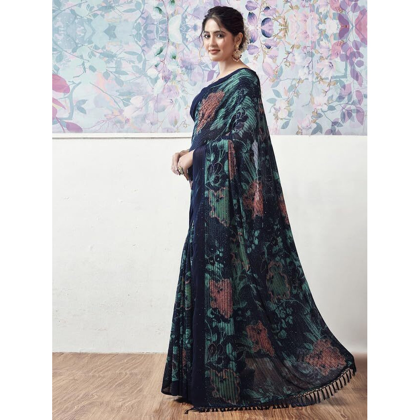 Satrani Women's Georgette Sequence Woven Zari Work Printed Saree With Unstitched Blouse Piece (3499S736N_Dark Blue & Turquoise & Multi)