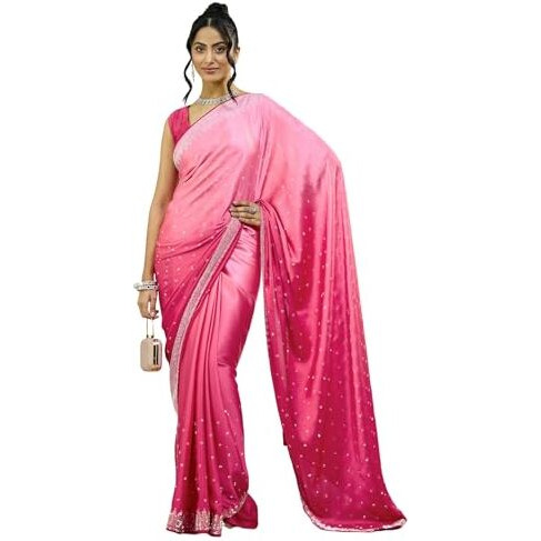 Satrani Women's Satin Stone Work Saree With Unstitched Blouse Piece (4017S547N_Dark Pink & Light Pink)