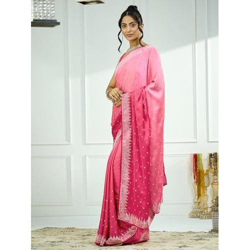 Satrani Women's Satin Stone Work Saree With Unstitched Blouse Piece (4017S547N_Dark Pink & Light Pink)