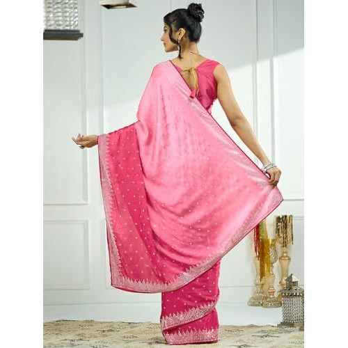 Satrani Women's Satin Stone Work Saree With Unstitched Blouse Piece (4017S547N_Dark Pink & Light Pink)