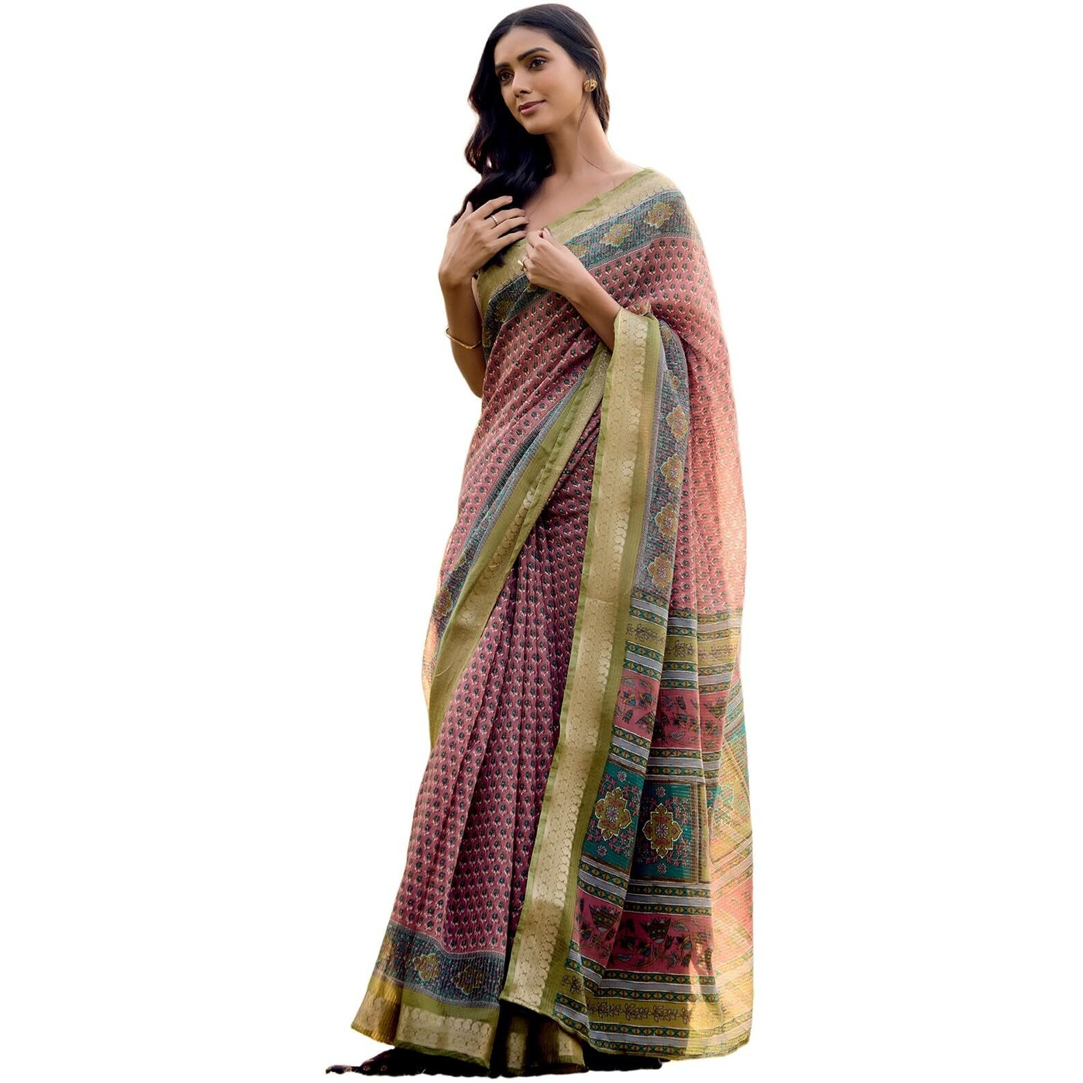 Satrani Women's Cotton Silk Printed Weaving Saree With Unstitched Blouse Piece (4103S878N_Dusty Pink & Multi)